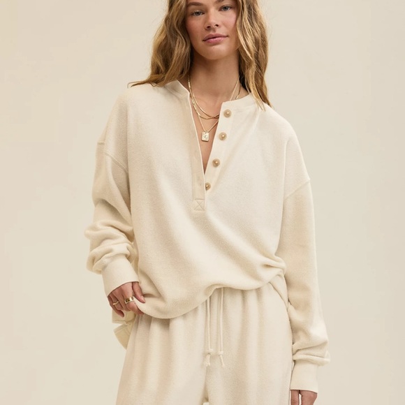 aerie Tops - aerie Neutral Ivory Quarter Button Cotton Sherpa Henley Sweatshirt